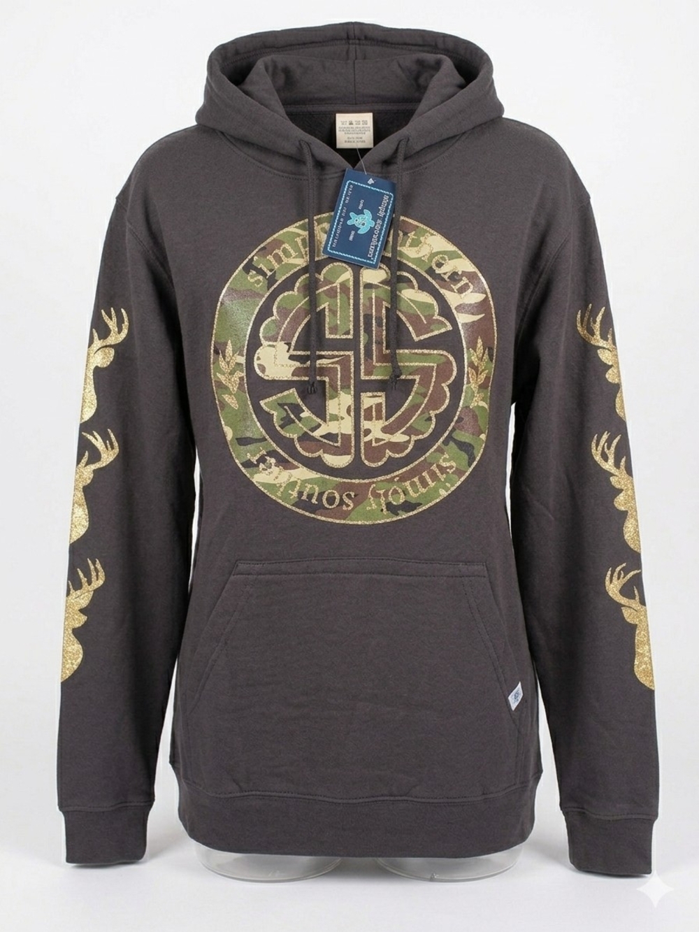 Simply Southern Charcoal Hoodie with Camo Logo and Gold Deer Sleeves